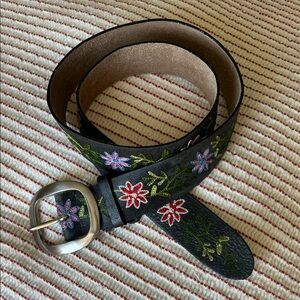 Floral Embroidered Black Leather Belt